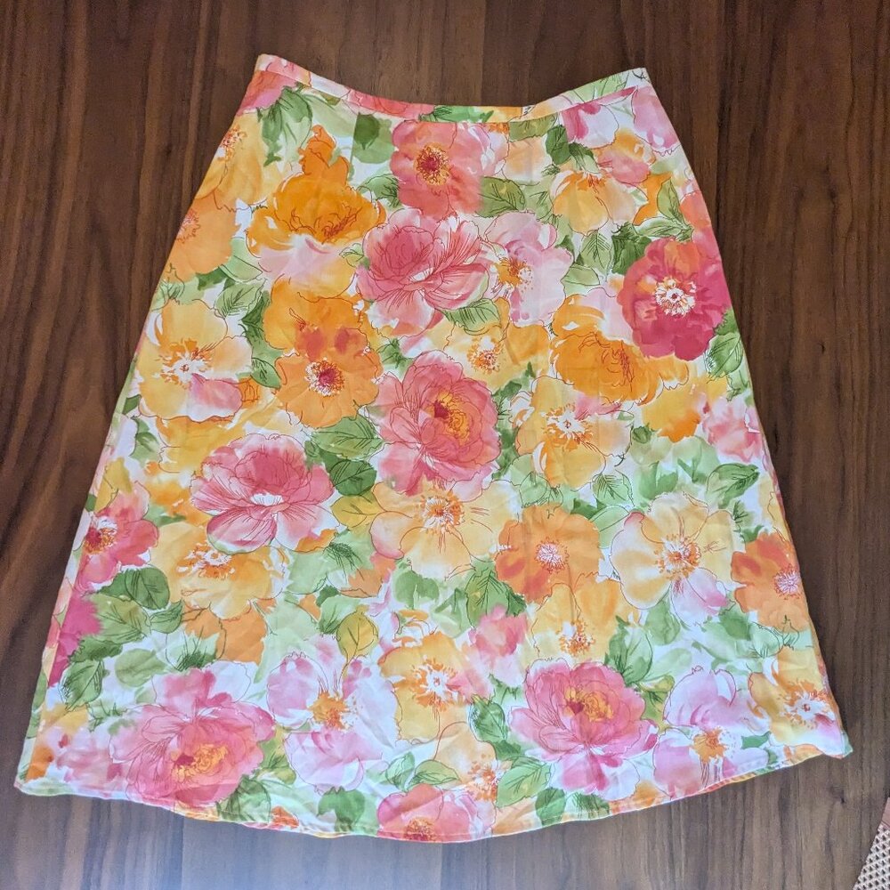 vintage talbots made in USA floral skirt 6 A-line orange pink modest watercolor